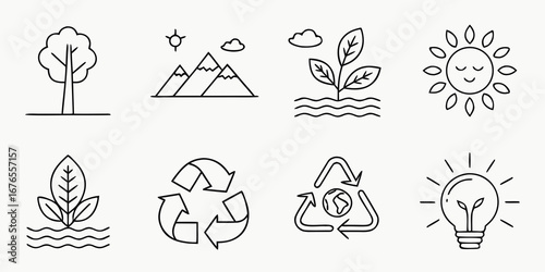 Collection of simple line art icons representing nature sustainability and environmental protection concepts