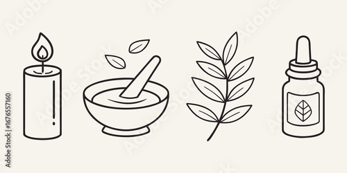 Collection of simple line art icons representing natural wellness and aromatherapy with a candle mortar and pestle plant and essential oil bottle