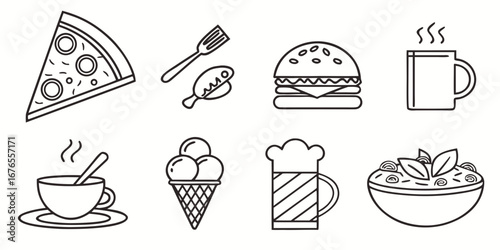 Collection of simple outline icons representing various popular food and drink items including pizza burger ice cream and coffee