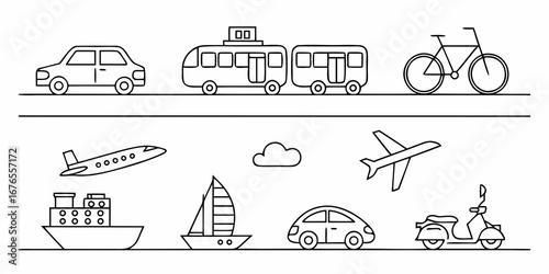 Collection of simple line art icons representing various modes of transportation including land air and sea travel
