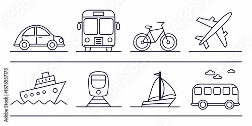 Collection of simple outline icons representing various modes of transportation including cars buses bicycles airplanes ships trains and sailboats
