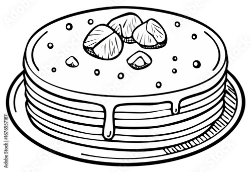Hand drawn stack of delicious pancakes with sweet syrup and fresh sliced berries on a plate illustration