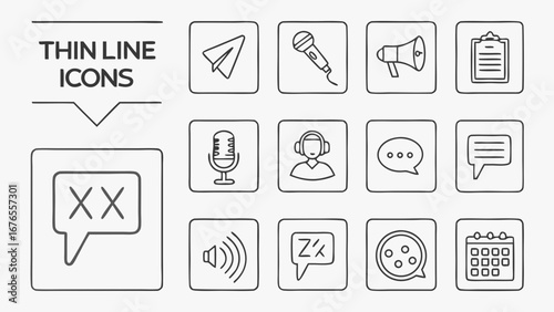 Collection of thin line icons representing communication broadcasting and scheduling for digital use