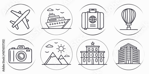 Collection of travel and vacation icons including airplane cruise ship passport luggage hot air balloon camera mountains and buildings