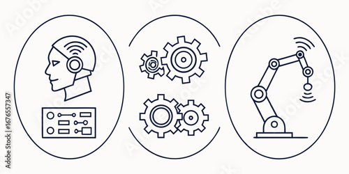 Conceptual illustration of artificial intelligence robotics and automation featuring a robot head gears and a robotic arm