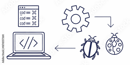Conceptual illustration of software development process including coding debugging and system integration with gears and bugs
