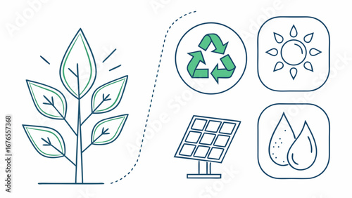 Conceptual illustration of sustainable living and renewable energy sources including a plant recycling symbol sun and solar panel