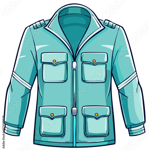 Turquoise Jacket Illustration with Pockets, Zipper, and Details for fashion design