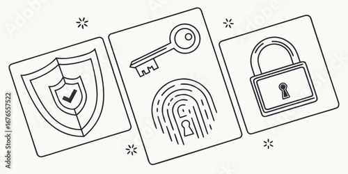 Digital security icons representing protection access and authentication with a shield key and lock