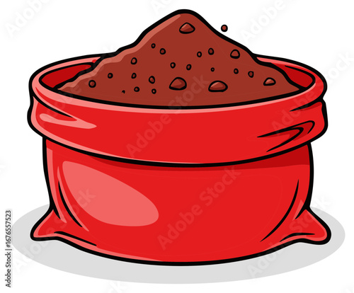 Red sack overflowing with brown powder. Soil, cocoa, coffee, sand, or flour concept. Cartoon Illustration of a bag of granules.