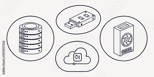 Digital technology icons including server rack usb flash drive cloud storage and computer tower with fan
