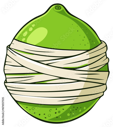 Funny Green Lime Fruit Wrapped in Mummy Bandages for Halloween Cartoon