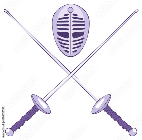 Fencing Equipment Illustration Showing Crossed Swords and a Face Mask Used in Foil, Epee, and Sabre Fencing Sport