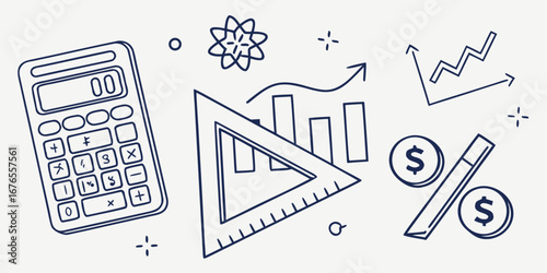Doodle style illustration of financial and mathematical elements including a calculator graphs ruler and dollar signs
