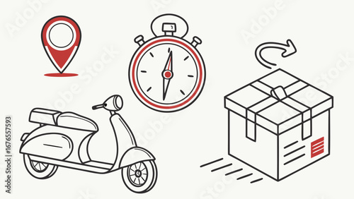 Fast delivery service concept with scooter package stopwatch and location pin icons
