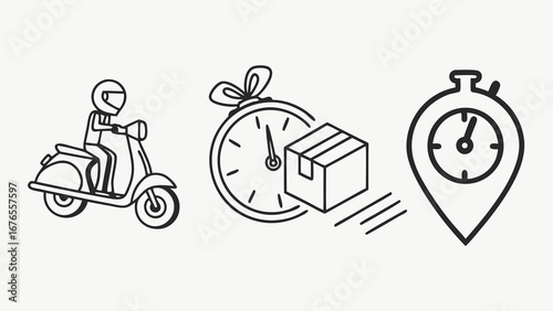 Fast delivery service with a scooter package clock and location pin icons