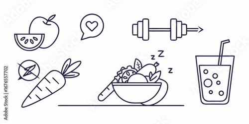 Healthy lifestyle icons including fruits vegetables exercise sleep and hydration representing wellness and good habits