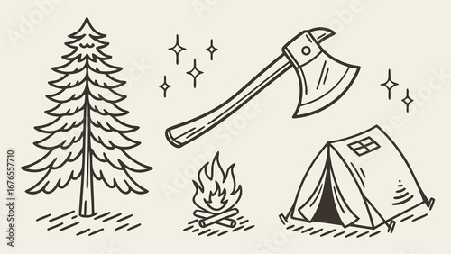 Hand drawn camping icons including a tent campfire axe and pine tree with sparkling stars on a light background