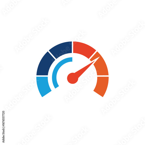 Speedometer icon, performance gauge, blue, red, fast, progress.