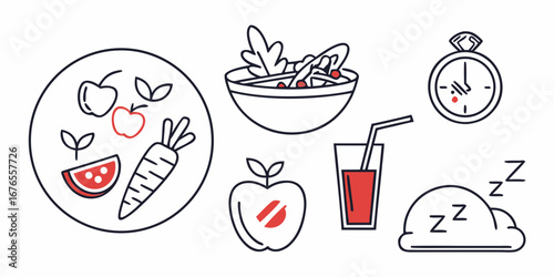 Healthy lifestyle icons showing balanced diet sleep exercise and hydration for wellness