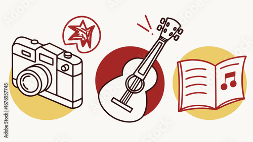 Illustration of a camera guitar and music book representing hobbies and creative pursuits