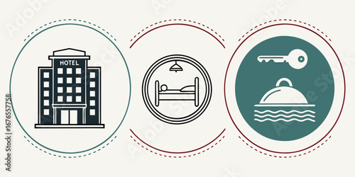 Illustration of hotel building bed and room service with key symbolizing hospitality and travel services