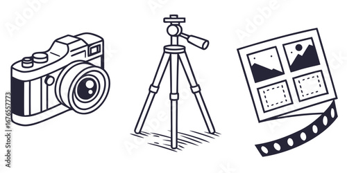 Illustration of a vintage camera a tripod and a contact sheet with film strip on a white background