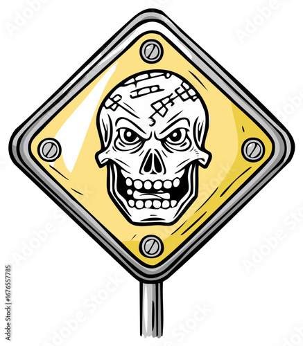 Hand drawn illustration of a menacing cartoon skull on a yellow diamond warning sign