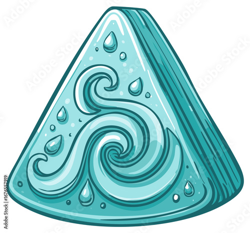 Stylized triangular prism with swirling water waves and droplets in teal blue