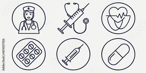 Set of medical icons featuring a doctor stethoscope syringe heart rhythm pills and capsule