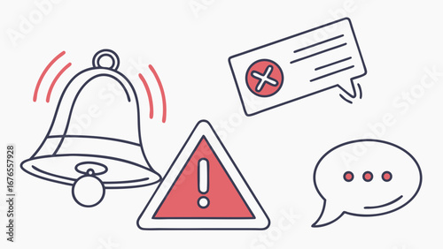 Set of notification icons including a ringing bell warning sign message with a cross and chat bubble