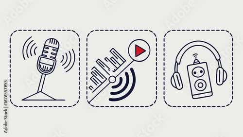 Set of three hand drawn icons representing podcasting and audio broadcasting with microphone sound waves and headphones
