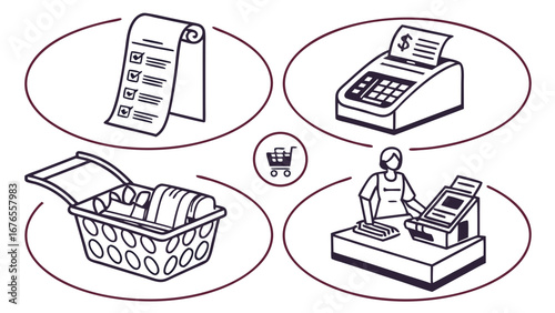 Shopping process from making a list to paying at the checkout with a cashier and basket of goods