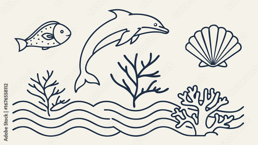 Fototapeta premium Stylized marine life illustration featuring a jumping dolphin fish seashell coral and wavy water lines