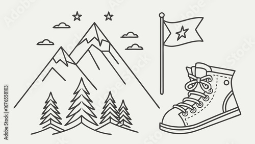 Stylized line art illustration of mountains pine trees a flag and a hiking boot on a neutral background