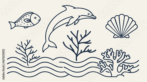 Stylized marine life illustration featuring a jumping dolphin fish seashell coral and wavy water lines