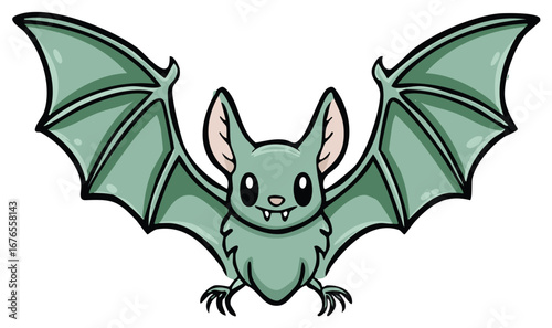 Cute cartoon green bat with wide wings spread and friendly expression