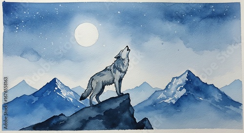 Watercolor painting of a wolf howling at the moon on a mountain peak, with a starry night sky and distant mountain range.