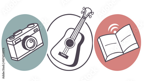 Three circular icons featuring a camera guitar and open book with wifi signal