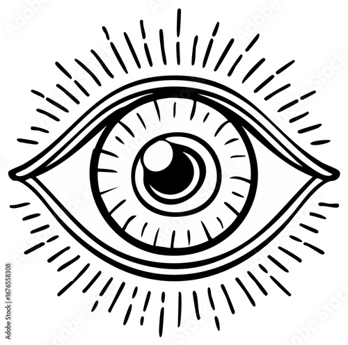 Stylized all-seeing eye with rays of light, illustration in black and white