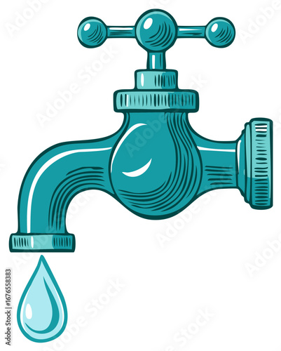 Bright blue cartoon water tap dripping a single water drop, representing conservation and plumbing themes.