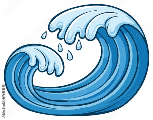 Blue Ocean Wave Vector with Droplets Cartoon Illustration, Curving Sea Water and Foamy Splash