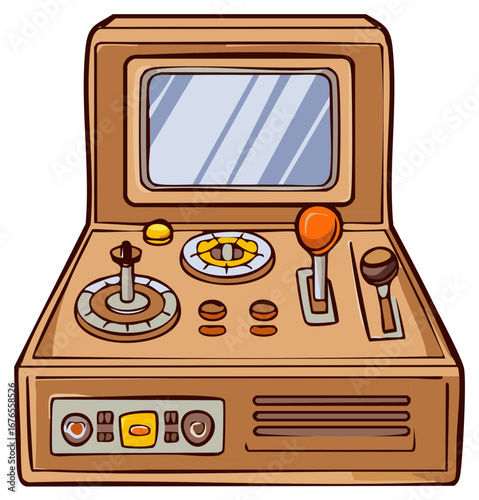Cartoon illustration of control panel with levers and buttons