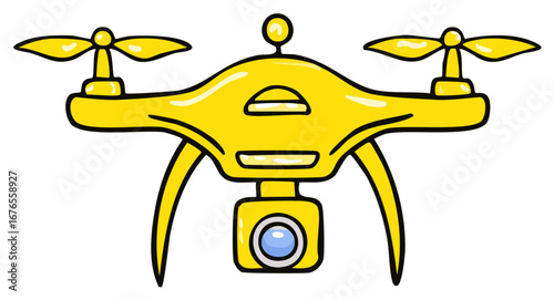 Modern Yellow Drone with Camera and Four Propellers Cartoon Style