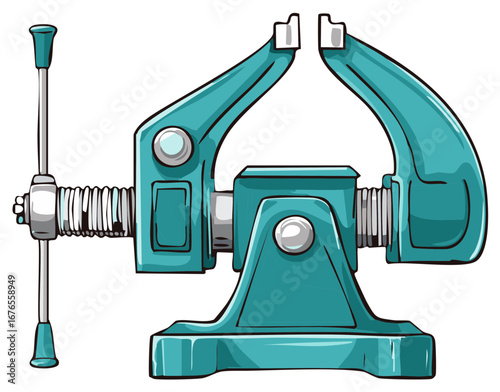Turquoise metal vise tool with a screw handle for clamping and holding objects
