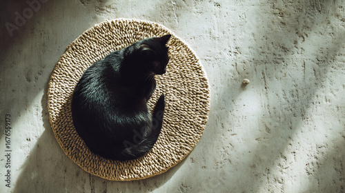 A black cat rests on a woven mat against a textured wall with sunlight