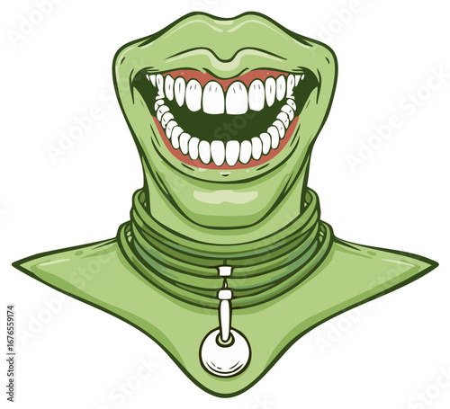 Green skinned humanoid with a wide smile and decorative collar in cartoon style