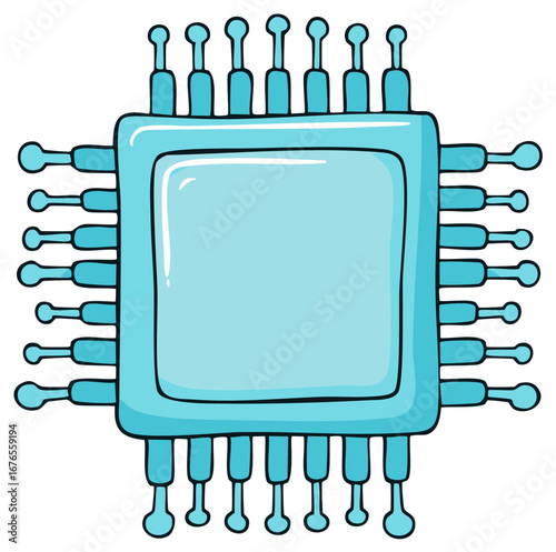Doodle style illustration of a light blue computer microchip with connection pins and an empty light blue space for text
