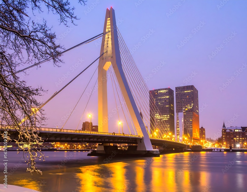 Obraz premium Modern bridge over a river at twilight