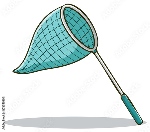 Cartoon illustration of a butterfly net with blue mesh and handle.